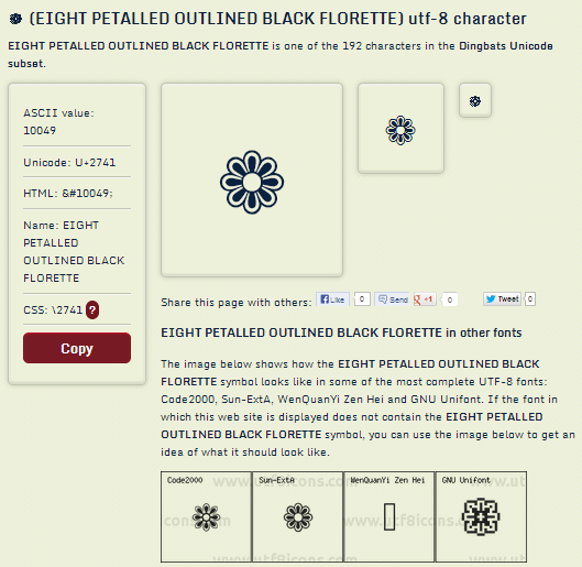 Описание выбранного символа